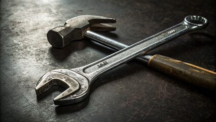 Hammer and wrench crossed on metallic surface for Labor Day