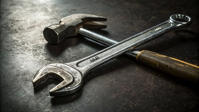 Hammer and wrench crossed on metallic surface for Labor Day