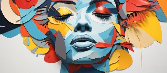 Colorful paper art portrait of a serene woman surrounded by abstract floral elements