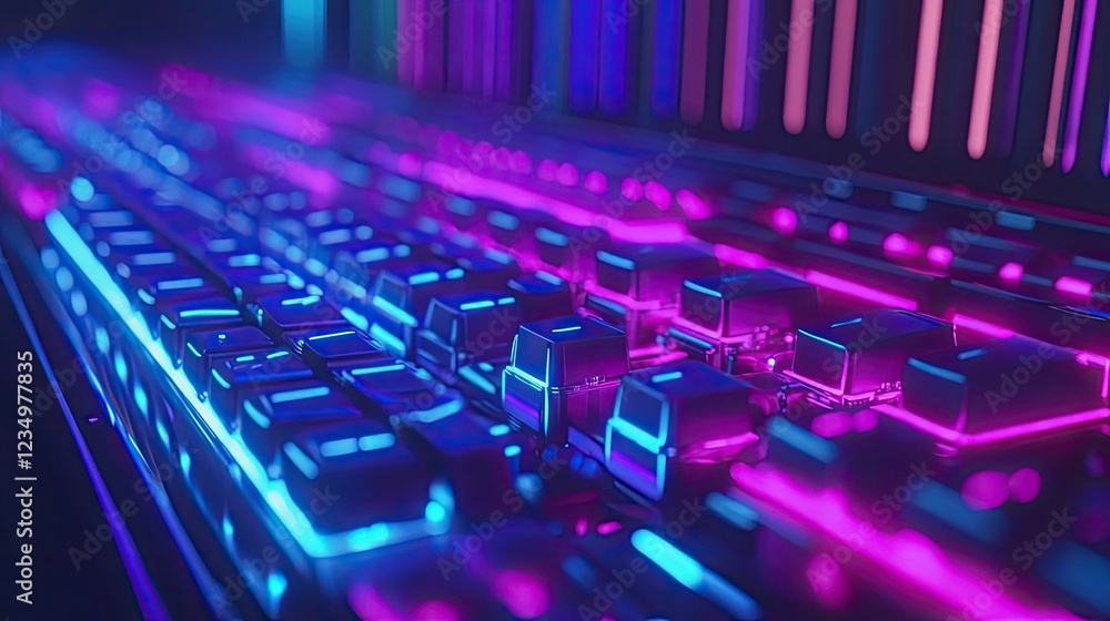 Poster illuminated keyboard keys neon glow abstract design
