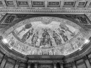 Rome, Italy - January 6, 2024, perspective view of the mosaic in the apse in the Basilica of Saint Paul Outside the Walls, exceptionally large, made by Venetian masters.