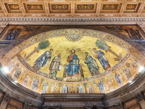Rome, Italy - January 6, 2024, perspective view of the mosaic in the apse in the Basilica of Saint Paul Outside the Walls, exceptionally large, made by Venetian masters.