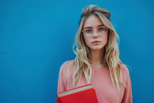 A Portrait of young blonde woman wearing glasses hold