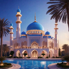 Naklejka premium Ramadan Tranquility: A Grand Mosque with Golden Domes and Minarets