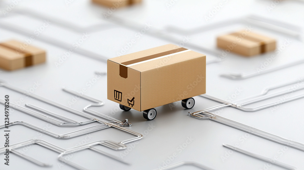 Poster cardboard box on wheels navigates network of metallic pathways, symbolizing efficient logistics and 