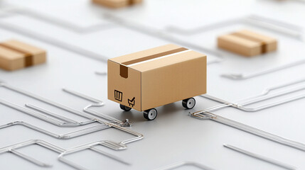 cardboard box on wheels navigates network of metallic pathways, symbolizing efficient logistics and delivery systems