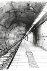 Obraz premium A perspective view of an empty underground tunnel with tracks and industrial lighting.