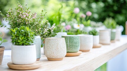 Fototapeta premium Small potted green plants and succulents in ceramic pots arranged in a row on a wooden table outdoors during a bright day.