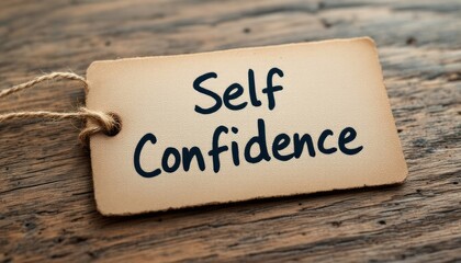 Rustic tag displaying 'Self Confidence' placed on textured aged wooden surface