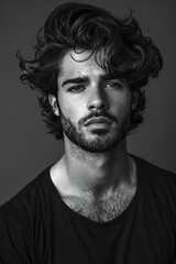 A young model with a beard and dark hair posing in front of the camera