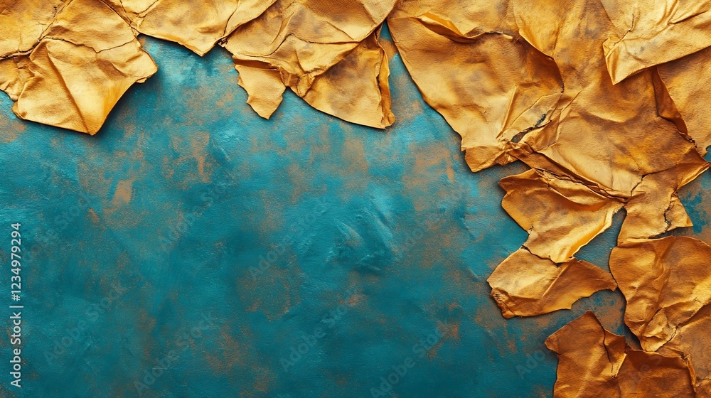 Leinwandbilder textured golden and teal abstract background with crumpled paper layers : generative ai
