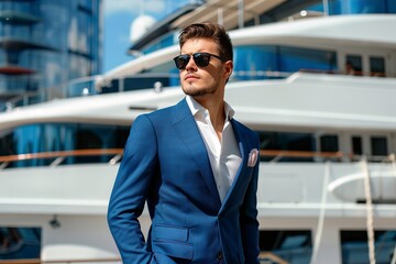 Obraz premium A Rich business man dreaming and thinking near the yacht