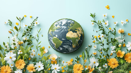 Planet Earth with grass texture surrounded by spring flowers on mint background, environmental protection and nature harmony concept
