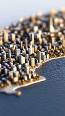 Obraz premium A futuristic smart city with modern infrastructure, featuring illuminated buildings along a coastline. The night scene emphasizes blue and gold hues.