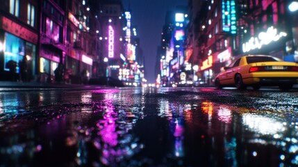 Obraz premium Neon City Night Reflections Wet Street