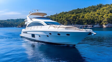 Elegant White Yacht Navigating Calm Waters Amidst Lush Greenery and Blue Skies : Generative AI