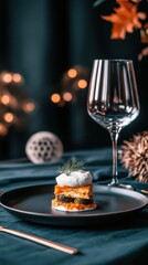 A gourmet serving of roasted vegetable lasagna, presented on a stylish black plate with fine dining ambiance, highlighted by elegant table setting and soft lighting.