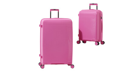 Luggage suitcase with extended handle, isolated on transparent background + clipping path. Trolley wheeled travel weekend bags. PNG format.