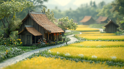 Obraz premium Traditional Countryside Cottage Amid Scenic Golden Rice Fields and Verdant Landscapes
