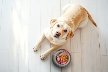 Natural dog food White Labrador retriever dog lying next to its bowl full of food looking at camera, top view 