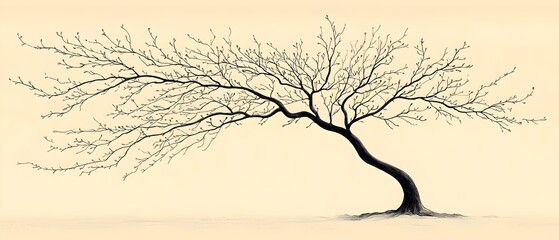 A beautifully artistic depiction of a bare, slanted tree with intricate, branching limbs against a pale, minimalist background, evoking a sense of tranquility and solitude.