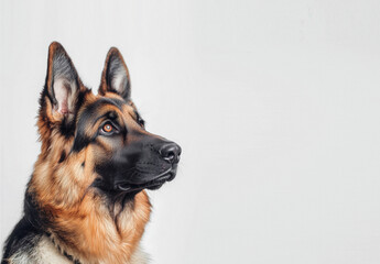 Close up portrait of German shepherd dog looking up on grey background with copy space