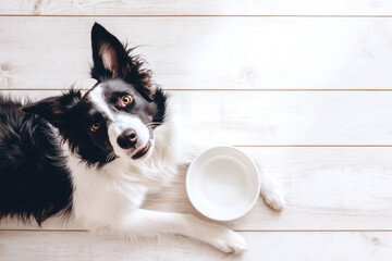 Hungry Border collie dog with empty bowl waiting for feeding, looking at camera, top view
