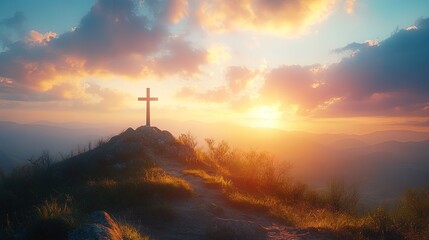 Mountain landscape with a single cross on the peak at sunrise, calm and symbolic view 