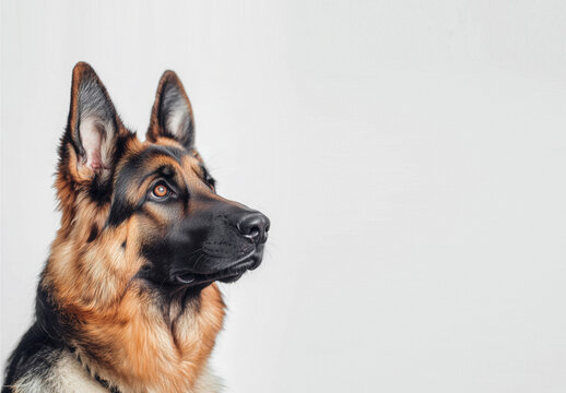 Close up portrait of German shepherd dog looking up on grey background with copy space