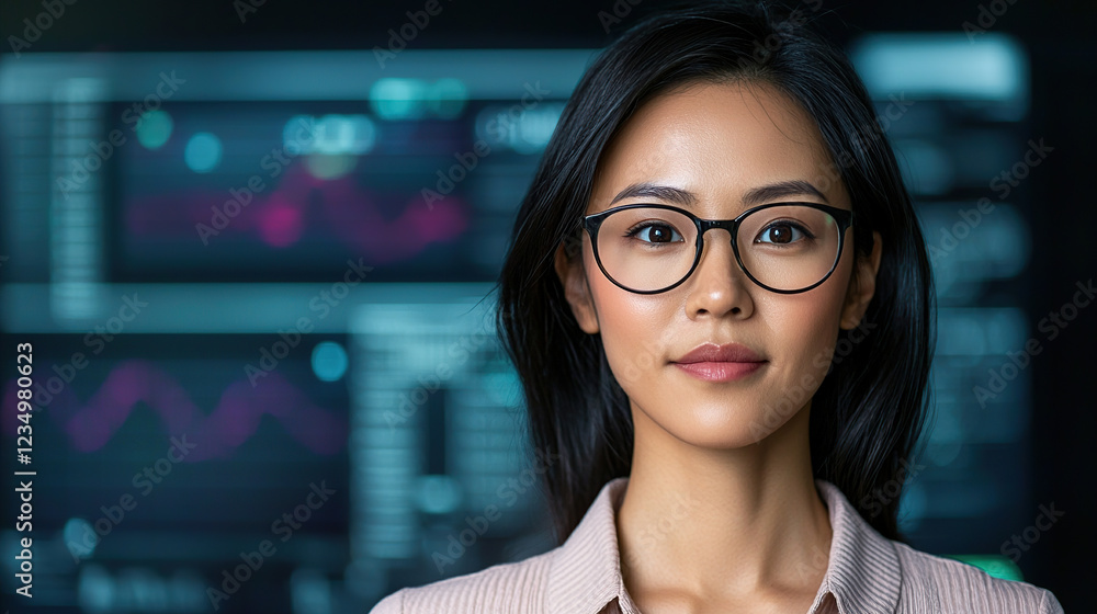 Aufkleber woman with glasses stands confidently in front of digital analytics screen, showcasing data insights
