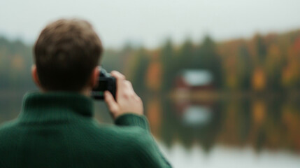 person capturing scenic view of lake and autumn trees