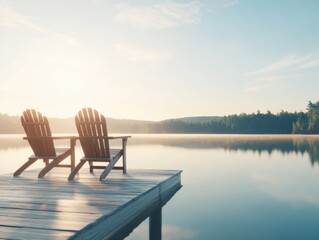 Two Adirondack chairs sit on a wooden dock, overlooking a serene lake at sunrise. The calm water and soft light create a peaceful atmosphere.