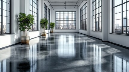 Shiny black industrial flooring in a bright minimalist room