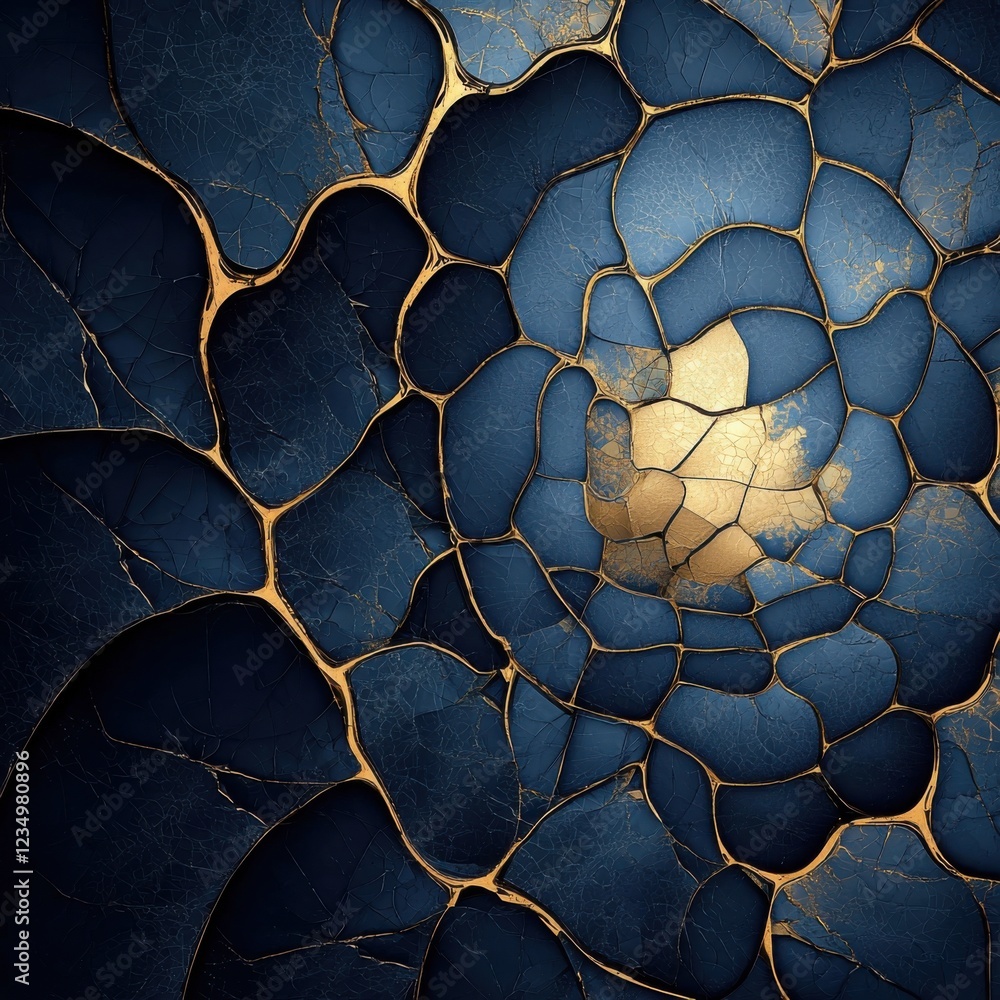 Poster a mesmerizing abstract pattern featuring deep blue cracks with golden accents, creating a compelling