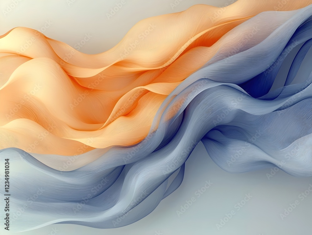 Poster an abstract swirl of soft orange and blue fabric-like waves, creating a visually soothing texture. t