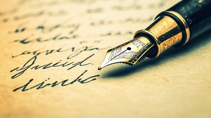 Fototapeta premium A close-up of a fountain pen resting on handwritten text, showcasing elegant craftsmanship and the beauty of traditional writing.
