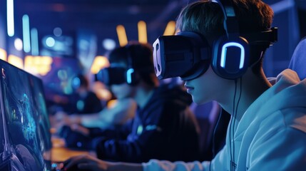 A group of gamers engaging in a virtual reality (VR) esports tournament, competing in a high-tech gaming arena with futuristic gaming gear, VR esports competition theme