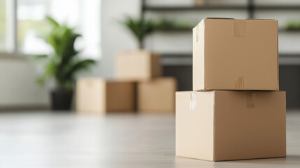 Moving boxes stacked in bright, open space with greenery