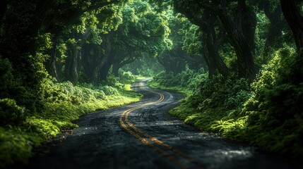 Fototapeta premium Serene Winding Road Through Lush Green Forest