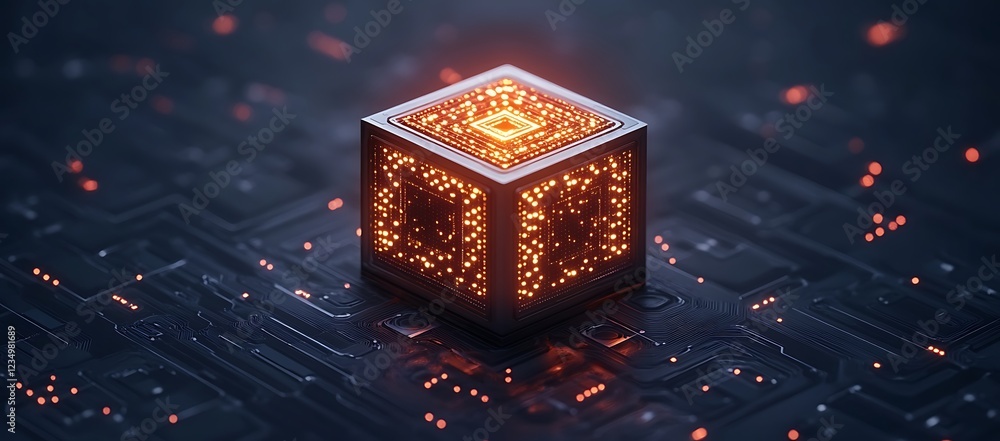 Poster illuminated cube on futuristic circuit board, glowing with internal data streams.