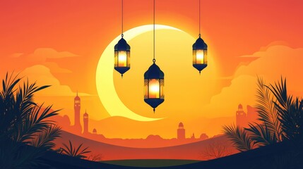 ramadan eid mubarak simple minimalist background. shinny crescent moon and hanging lantern in sky at sunset time for iftar.