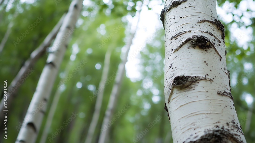 Poster closeup of birch tree trunk in lush green forest environment : generative ai