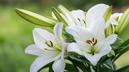 Fototapeta premium Tranquil White Lilies in Bloom Against Fresh Greenery Ideal for Elegance and Purity Concepts : Generative AI