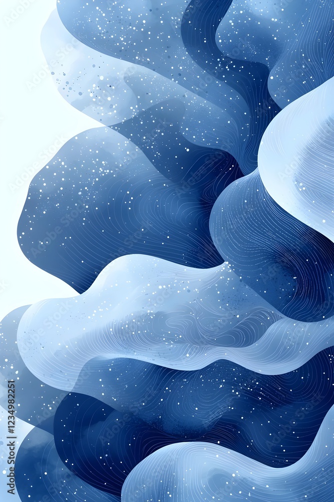 Poster an abstract digital artwork showcasing elegant waves of blue and white, creating a serene and fluid 