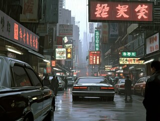 A futuristic, rainy cyberpunk city with neon signs and bustling streets. The vibrant lighting contrasts with the wet, dark atmosphere, reflecting a lively urban scene.