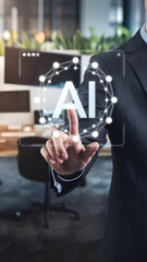 Businessman using smartphone to connect with digital social network and virtual technology interface