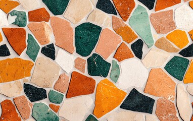 A vibrant mosaic of colorful stone pieces creating an artistic floor pattern.