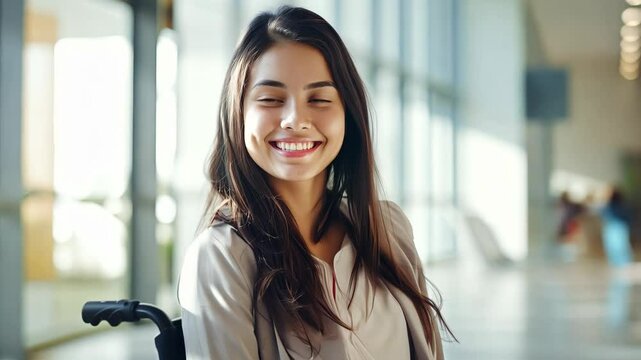 Vibrant portrait of young female student with disability looking at camera in college library and smiling