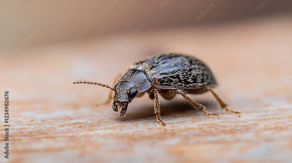Poster tiny brown beetle on wooden surface capturing the essence of arthropod life and natural environments