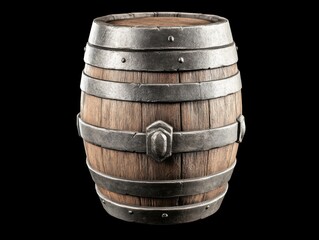Fototapeta premium A detailed, cinematic 8k image of an old wooden barrel, beautifully isolated against a black background, showcasing its rustic texture and metallic bands.